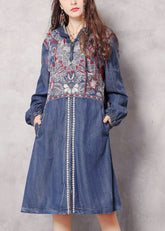 Boutique Blue zippered Hooded Embroideried Pockets Denim trench coats